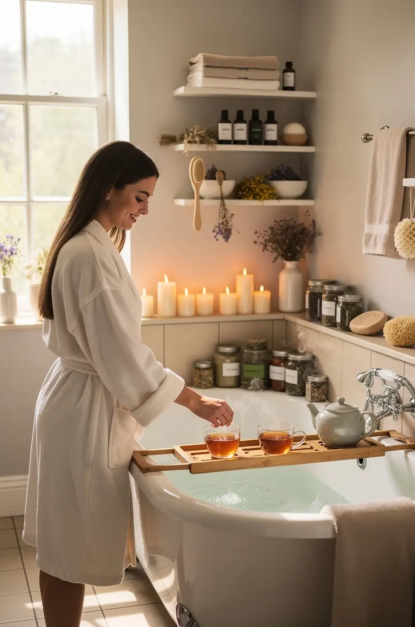 Medinis padėklas su keliais arbatos puodeliais ir žvakėmis, kuriantis jaukią relaksacijos atmosferą namuose.