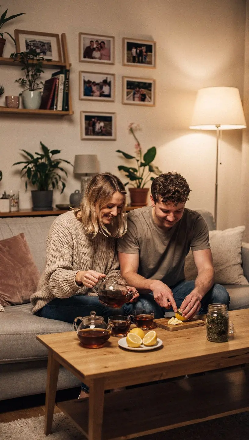 Arbatos puodelis ant medinio stalo šviesiame namų interjere, skatinantis atsipalaidavimą ir ramybę.