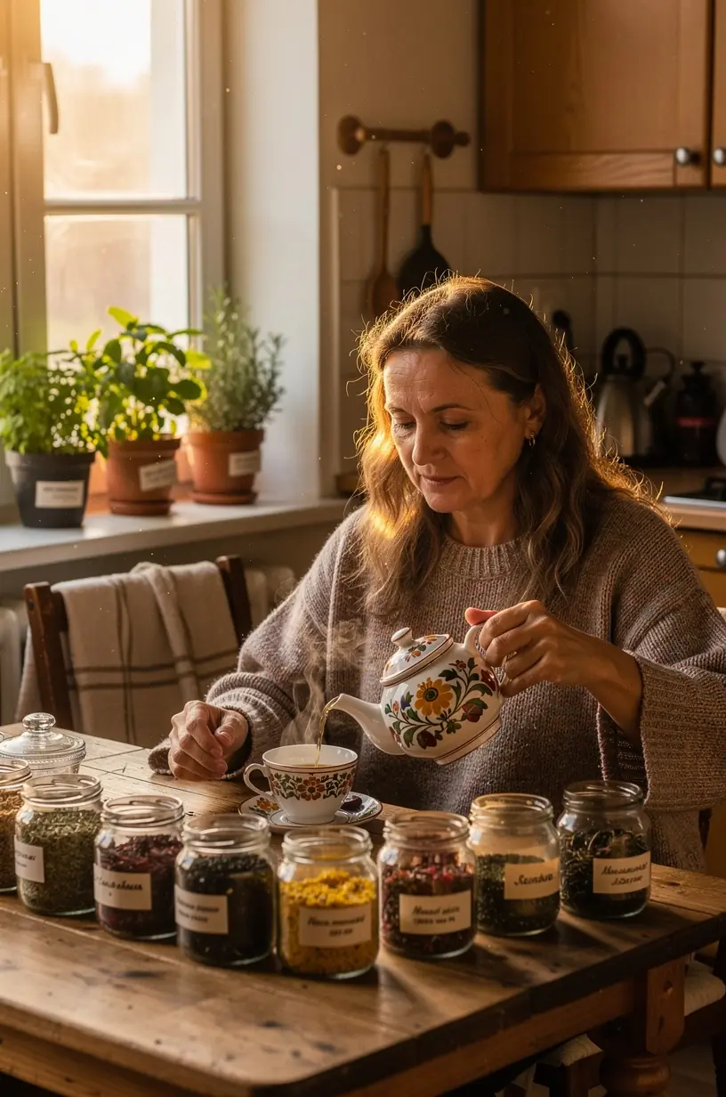 Žmogaus ranka užpildo arbatinuką karštu vandeniu, simbolizuojant kasdienius arbatos ritualus.